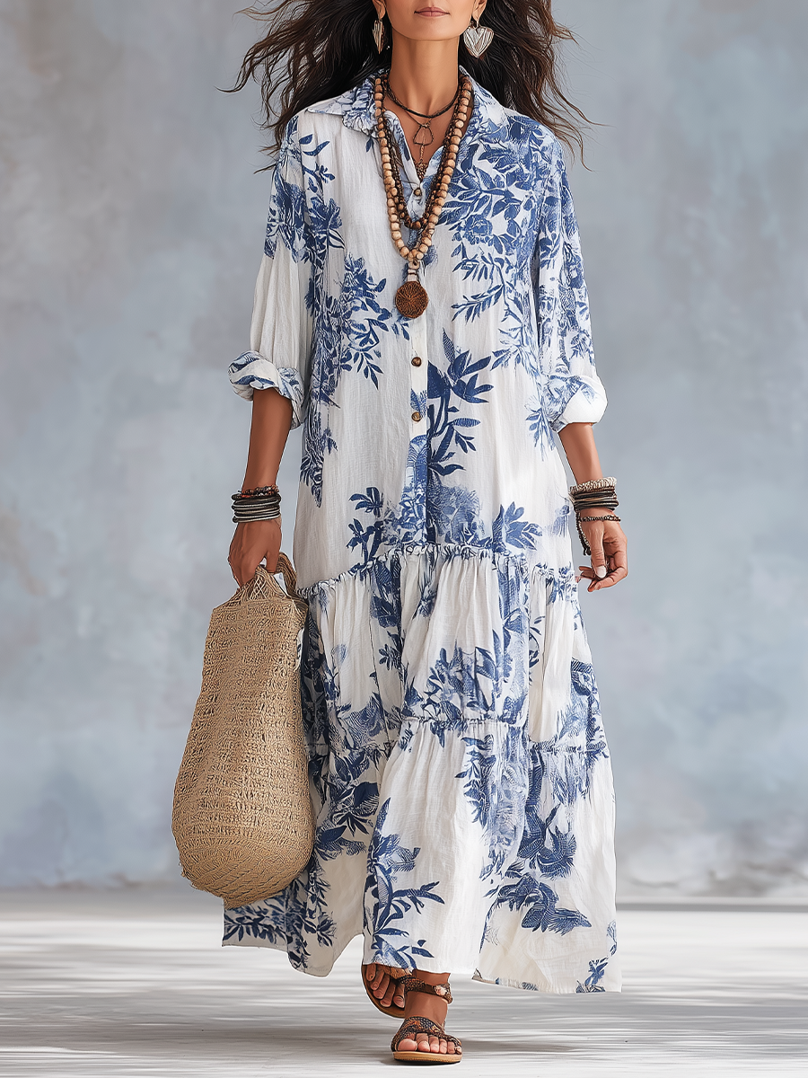 Tuscany™ | Bohemian Blue Floral Button-Down Tiered Maxi Dress