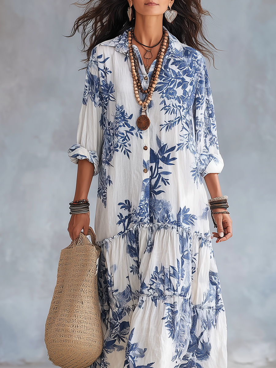 Dahlia™ | Bohemian Blue Floral Button-Down Tiered Maxi Dress