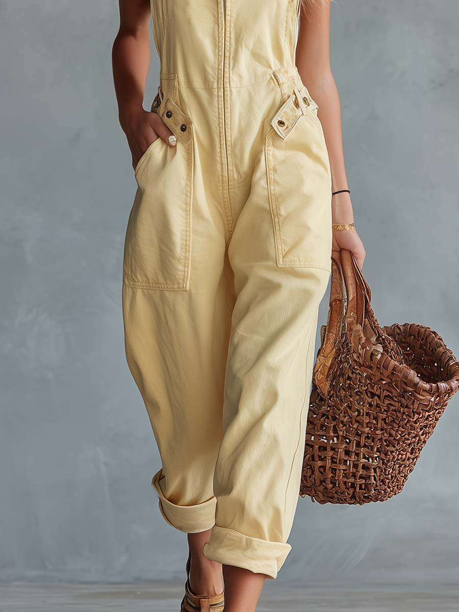 Corinne™ | Casual Retro Square Neck Front Zipper Jumpsuit