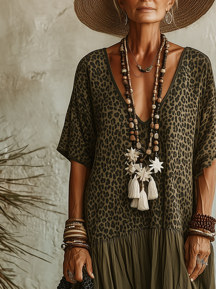 Indira™ | Spliced Leopard Print V-Neck Short-Sleeve Maxi Dress