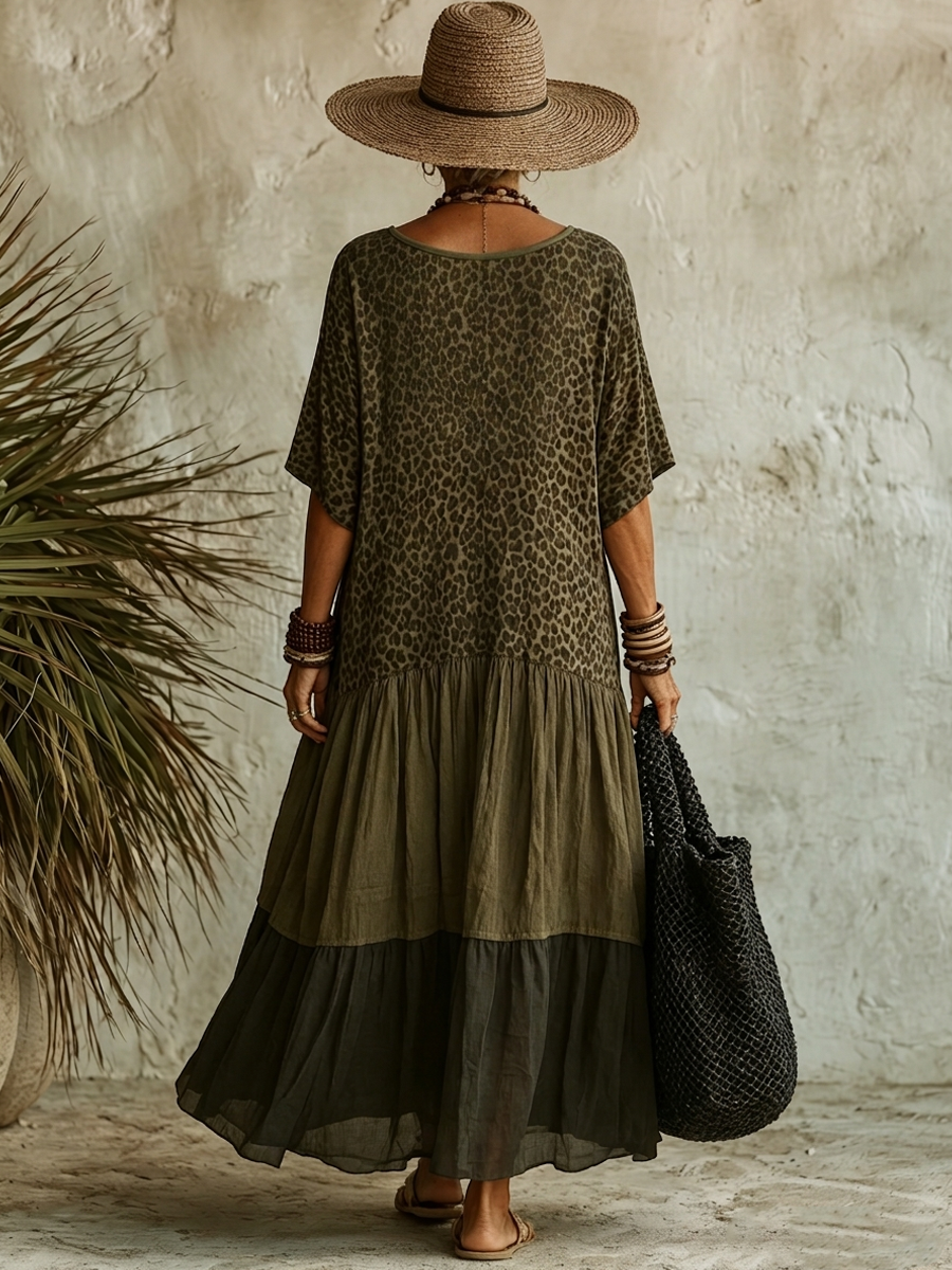 Indira™ | Spliced Leopard Print V-Neck Short-Sleeve Maxi Dress