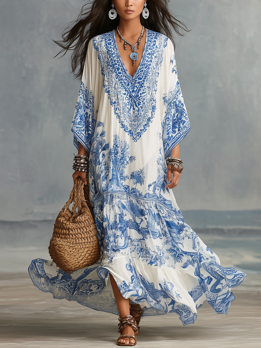 Santorini™ | Blue Porcelain Print V-Neck Kaftan Dress