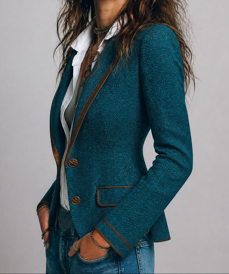 Giselle | Retro Herringbone Tweed Fitted Blazer with Contrast Trim