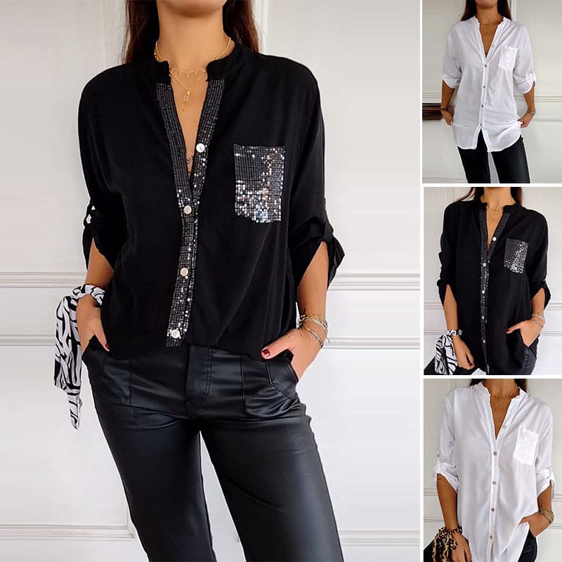Lucette™ | Sequin Trim Button-Up Shirt