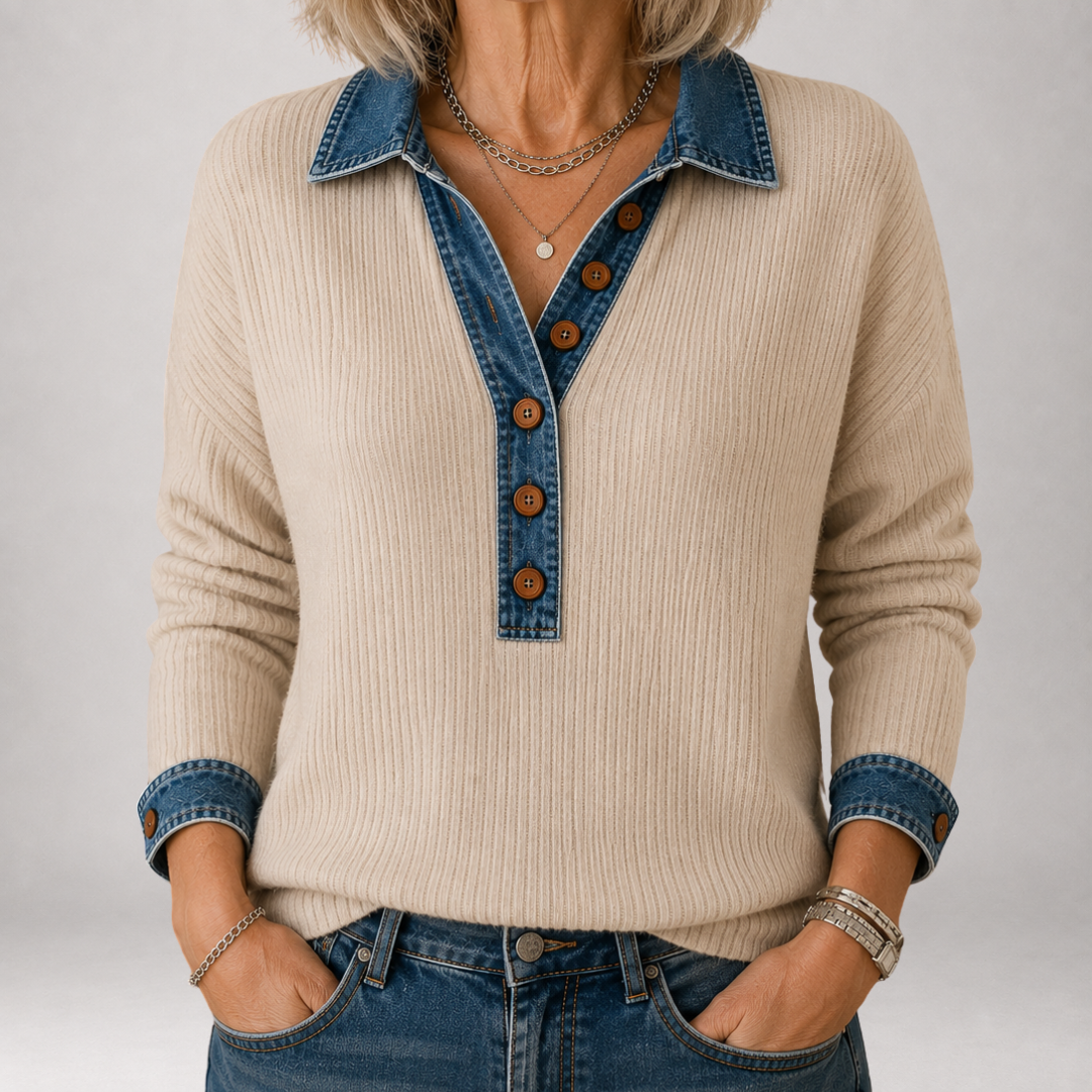 Clarisse™ | Denim Collar Ribbed Polo Sweater