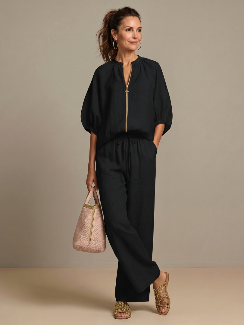 Noelle™ | Zip Front Blouson Top Wide Leg Set
