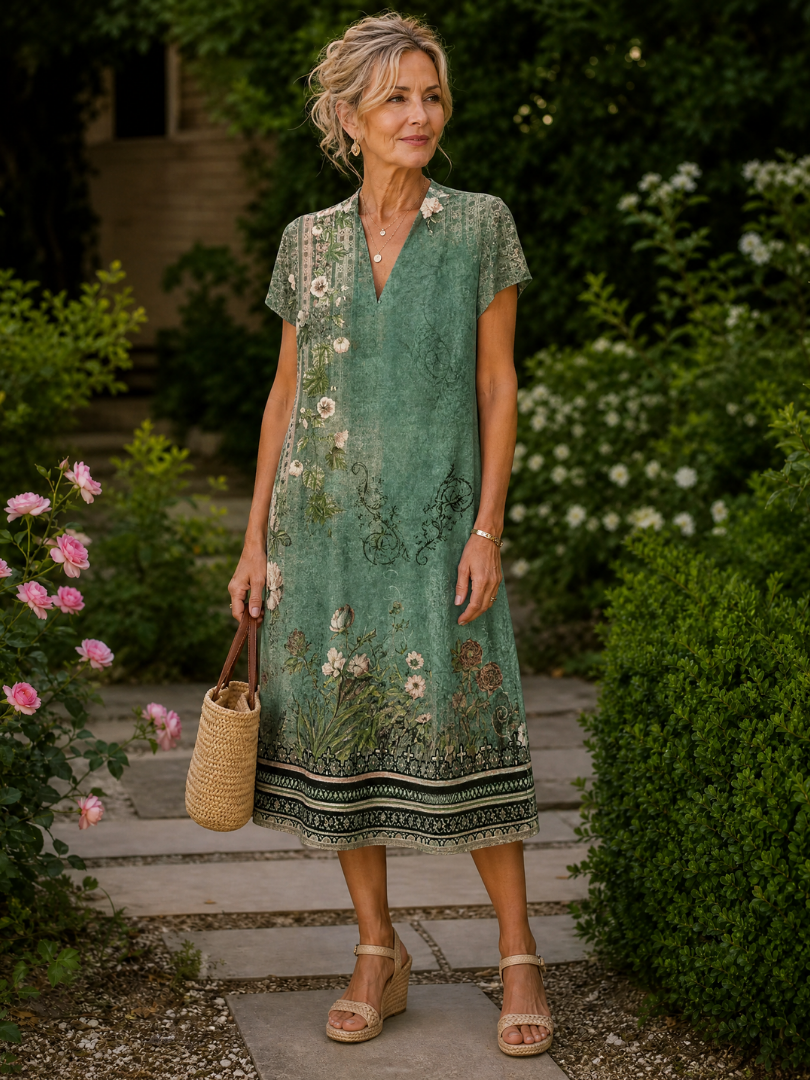 Rosemary™ | Floral V-Neck Short Sleeve Midi Dress