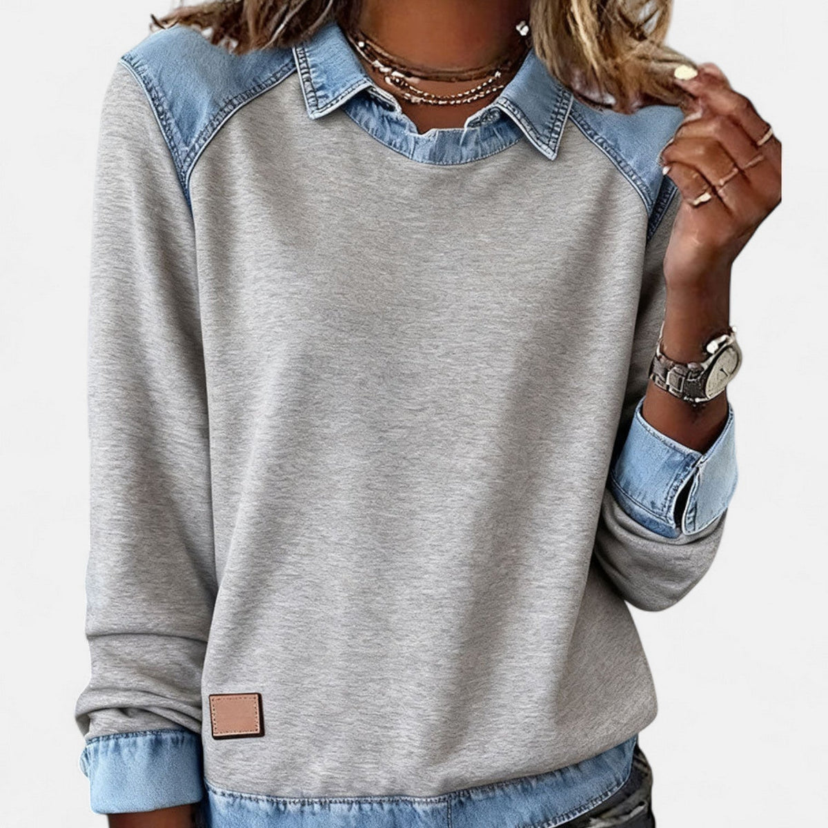 Ruth | Women's Denim Patchwork Collared Sweatshirt