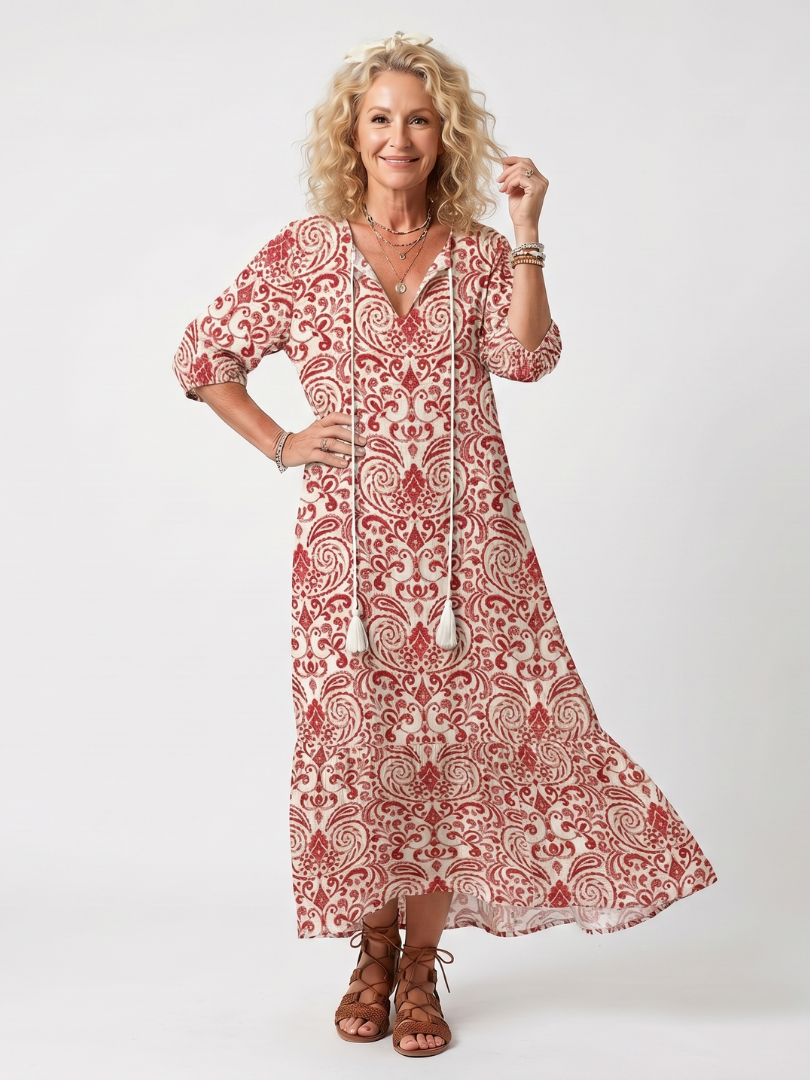 Nevara™ | Ornate Print Tassel Tie Midi Dress