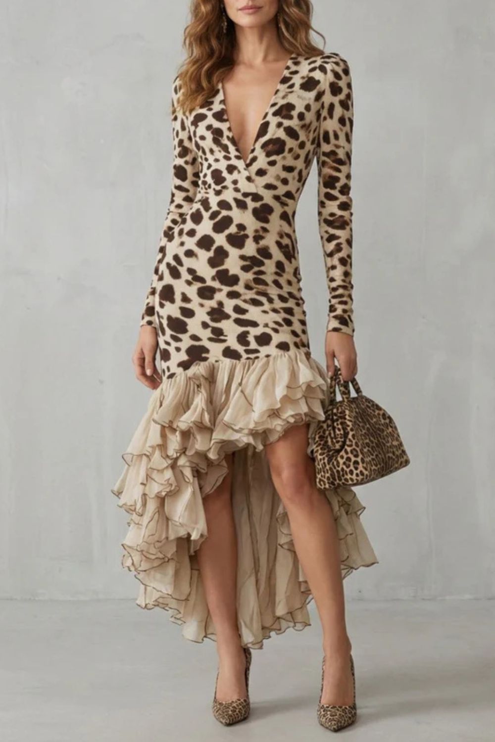 Aurinda™ | Ruffled Hem Leopard Print Midi Dress