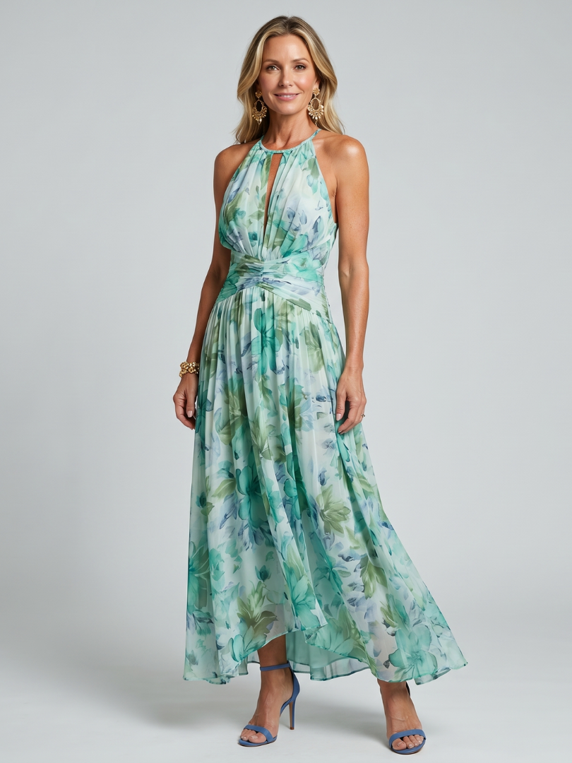 Vespara™ | Halter Neck Floral Print Pleated Midi Dress