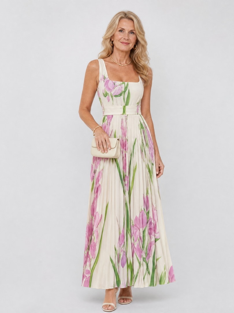 Glorine™ | Sleeveless Floral Pleated Maxi Dress with Square Neckline