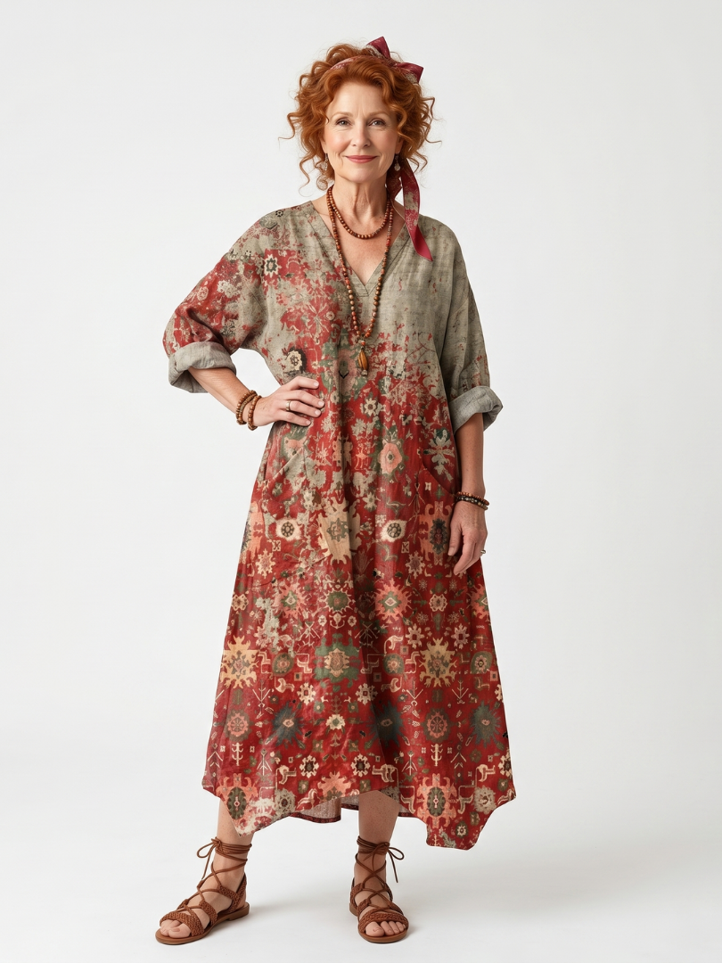 Vashti™ | Mixed Pattern Relaxed Pocket Midi Dress