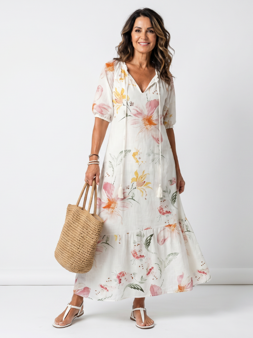 Delara™ | Soft Floral Tiered Tassel Midi Dress