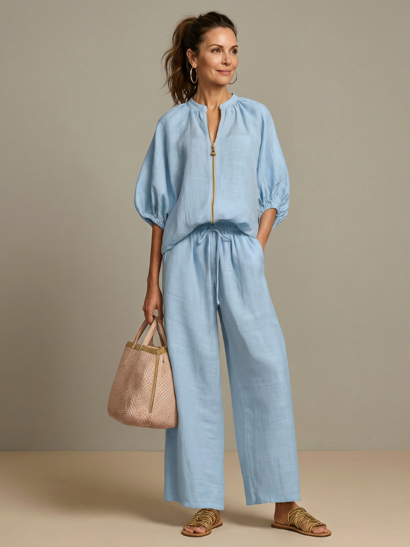 Noelle™ | Zip Front Blouson Top Wide Leg Set