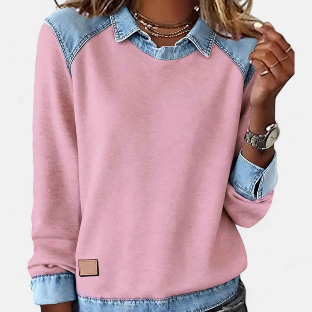 Ruth | Women's Denim Patchwork Collared Sweatshirt