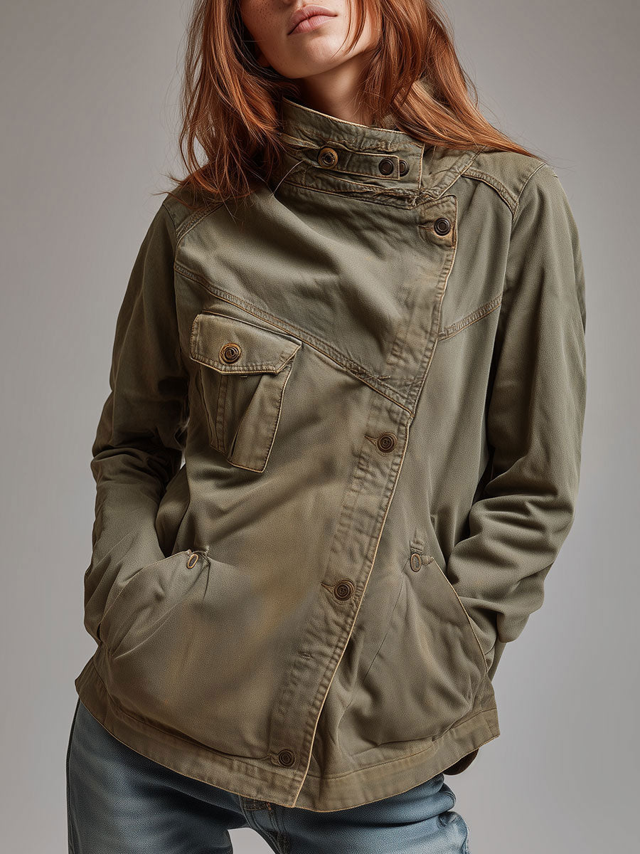 Galindra™ | Retro Stand Collar Slanted Placket Pocket Jacket