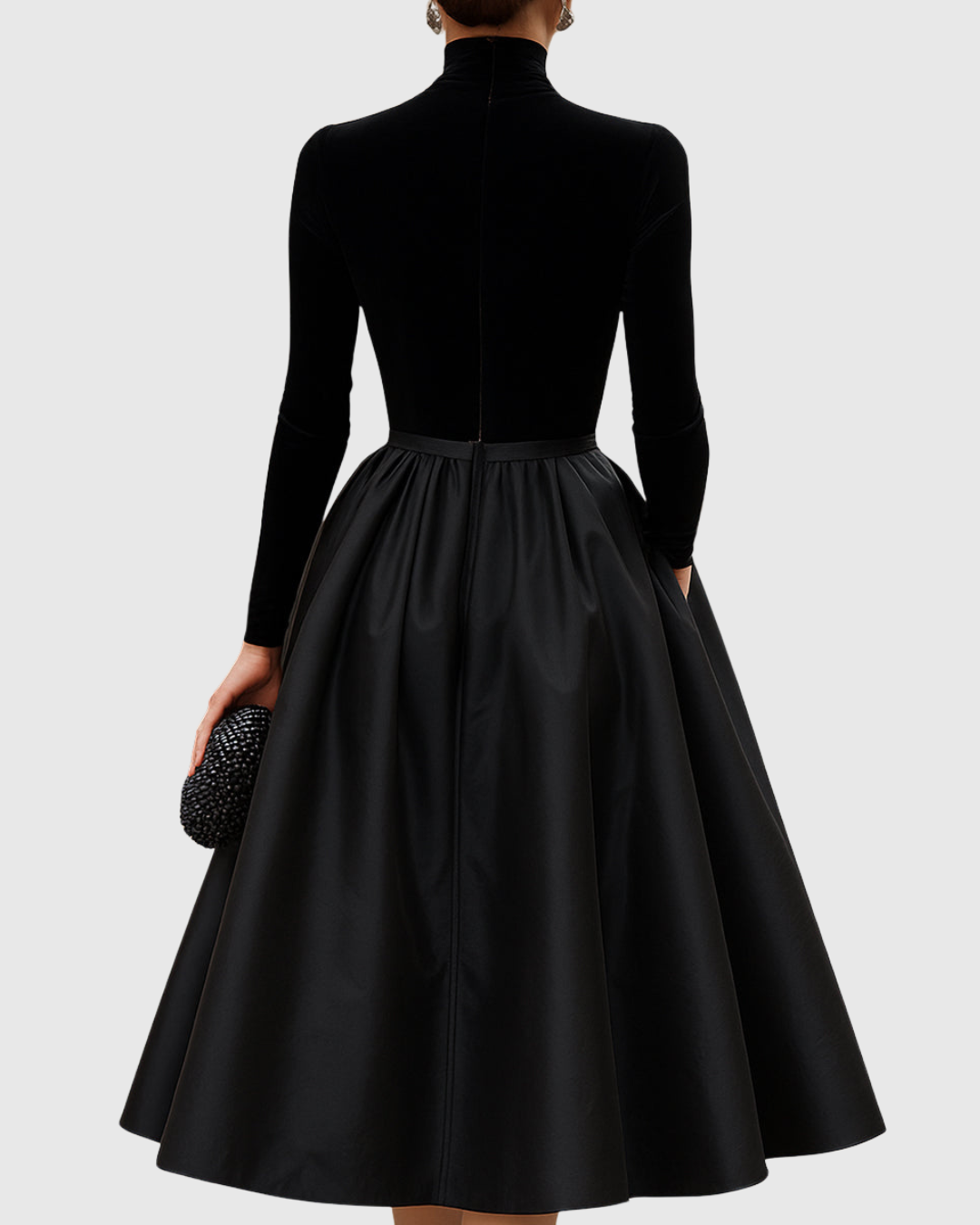Elegant Black Velvet And Satin Midi Dress