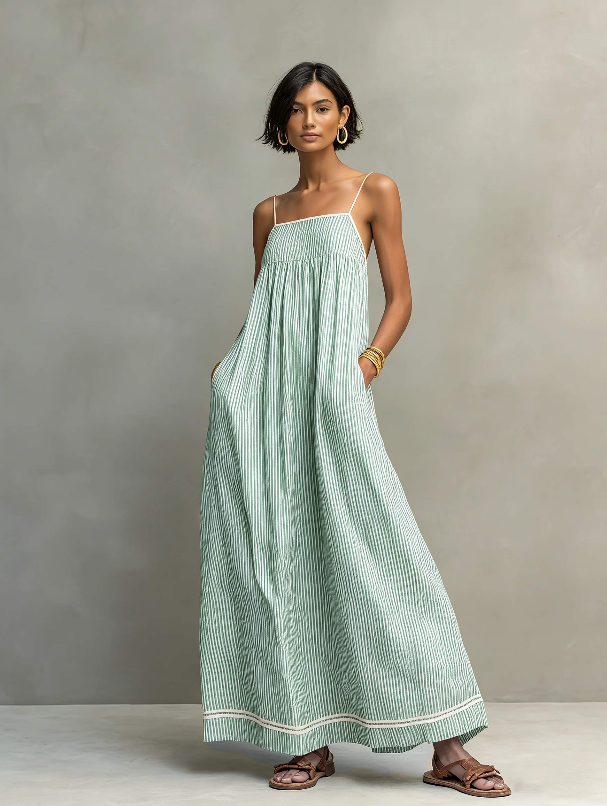 Saffron™ | Striped Maxi Dress with Red Trim and Spaghetti Straps