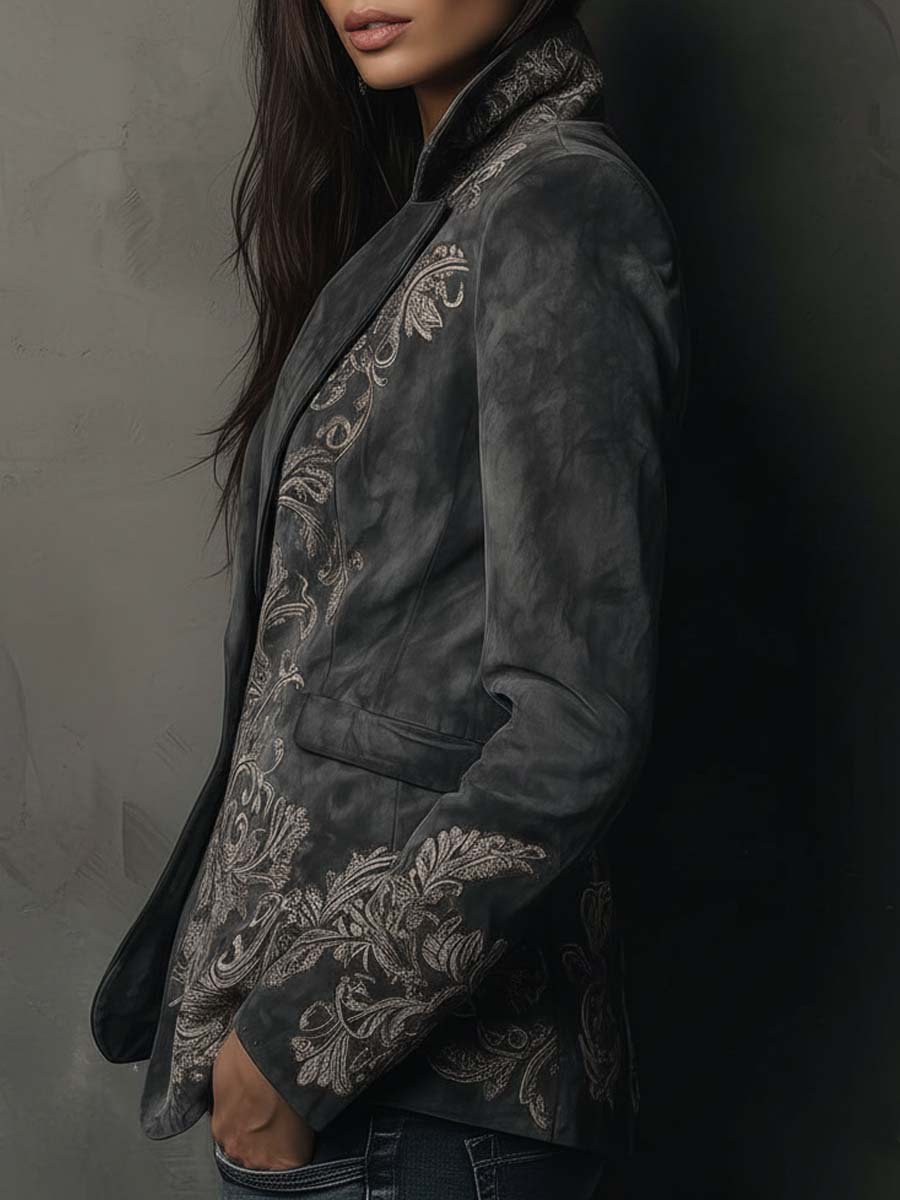 Paveline™ | Charcoal Taupe Embossed Floral Blazer