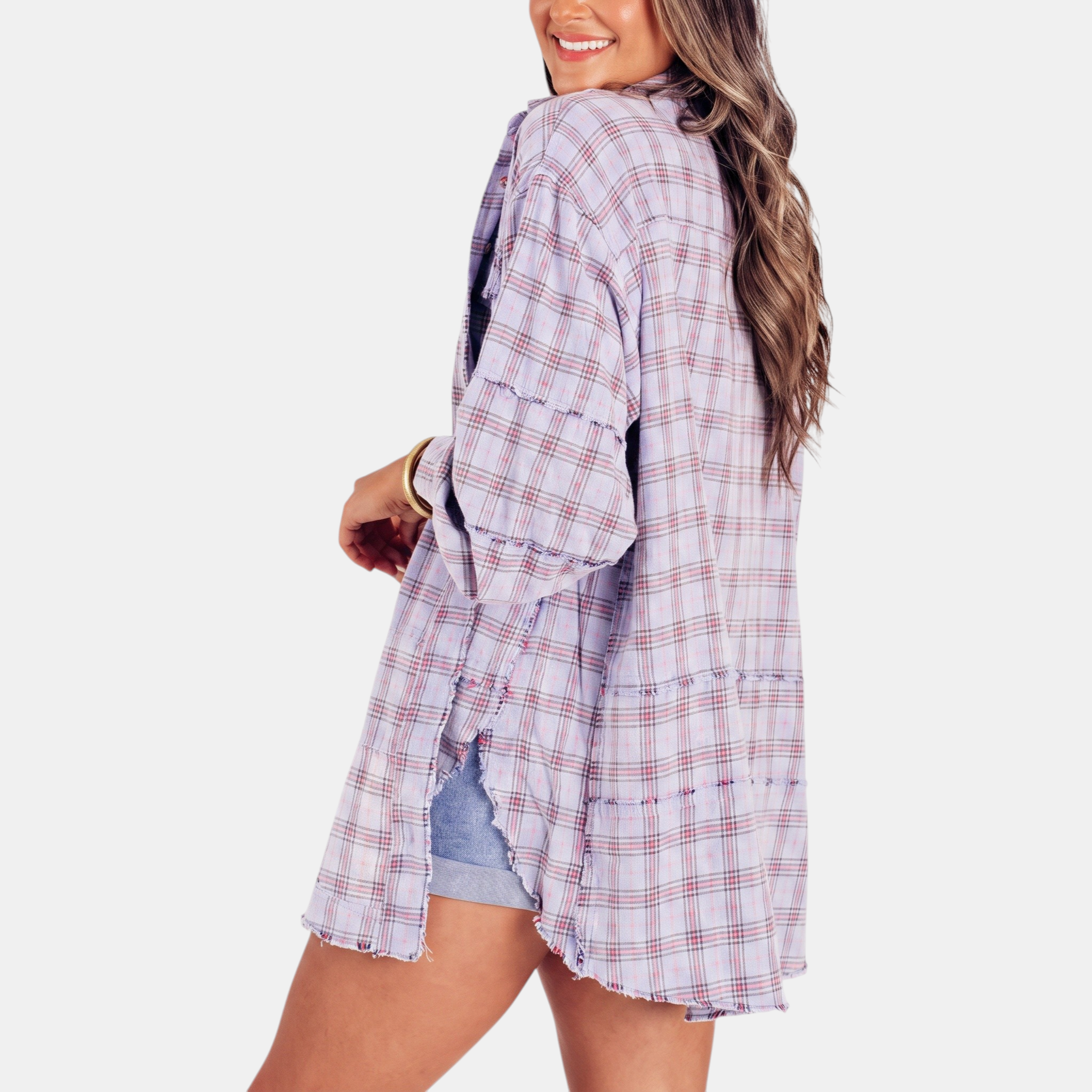 Isadora™ | Oversized Raw Hem Plaid Shirt