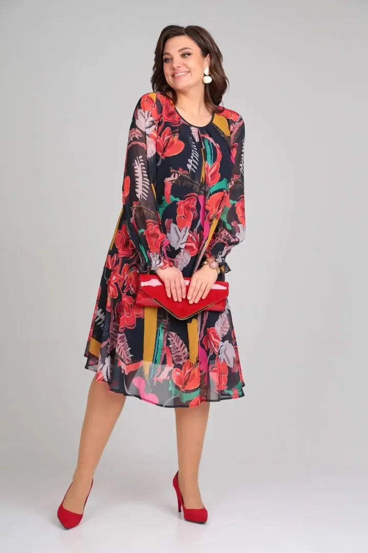 Helena™ | Bold Floral Print Long-Sleeve Midi Dress