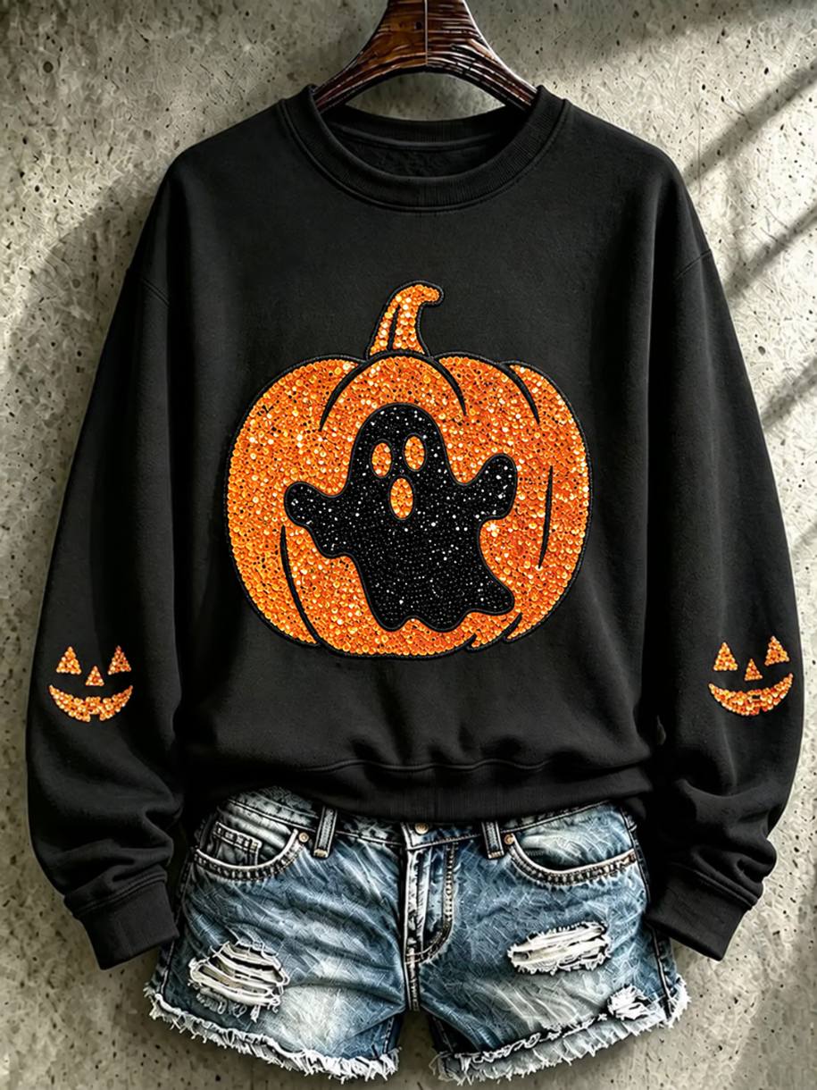 Women's Halloween Rhinestone Pumpkin Ghost Sweatshirt
