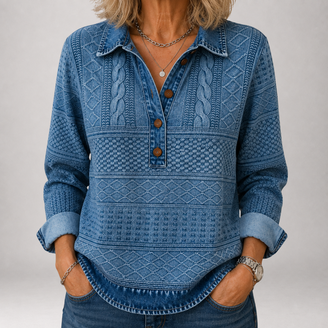 Jorunn™ | Jacquard Denim-Wash Polo Sweater