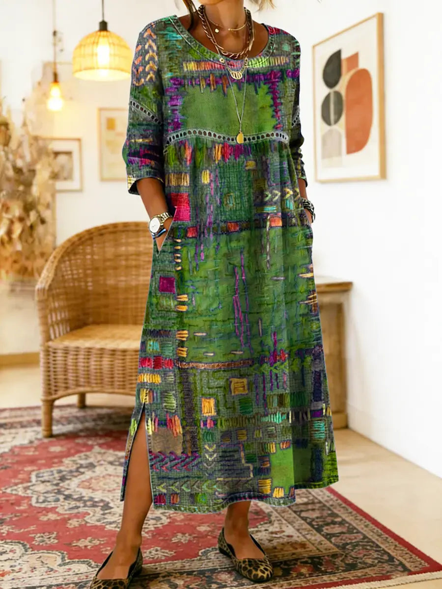 Frondine™ | Patchwork Ethnic Midi Dress