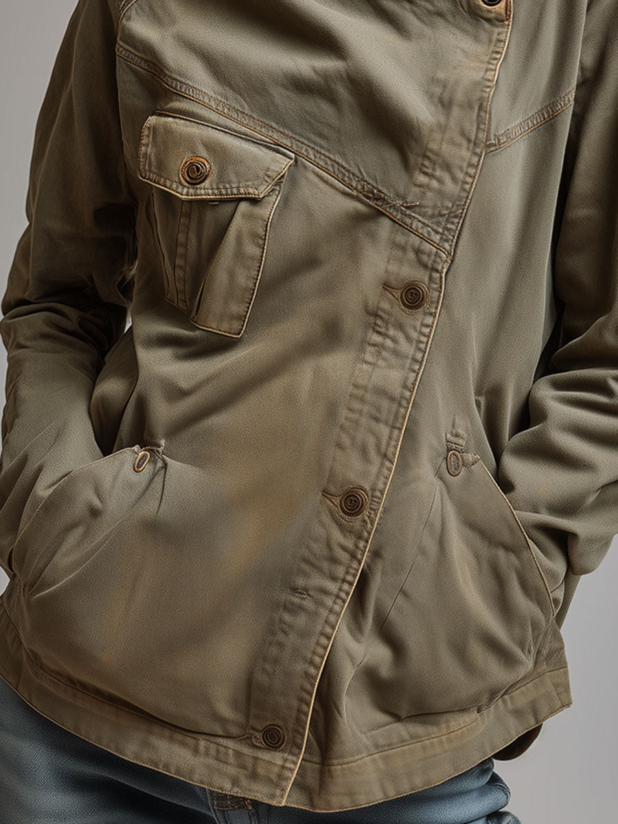 Galindra™ | Retro Stand Collar Slanted Placket Pocket Jacket