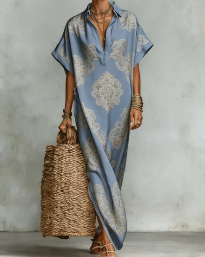 Celestia™ | Printed Collar Button Maxi Shirt Dress