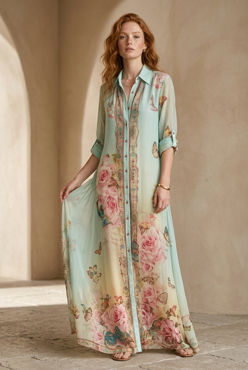 Ottilie™ | Baroque Style Mint Green Floral Maxi Dress