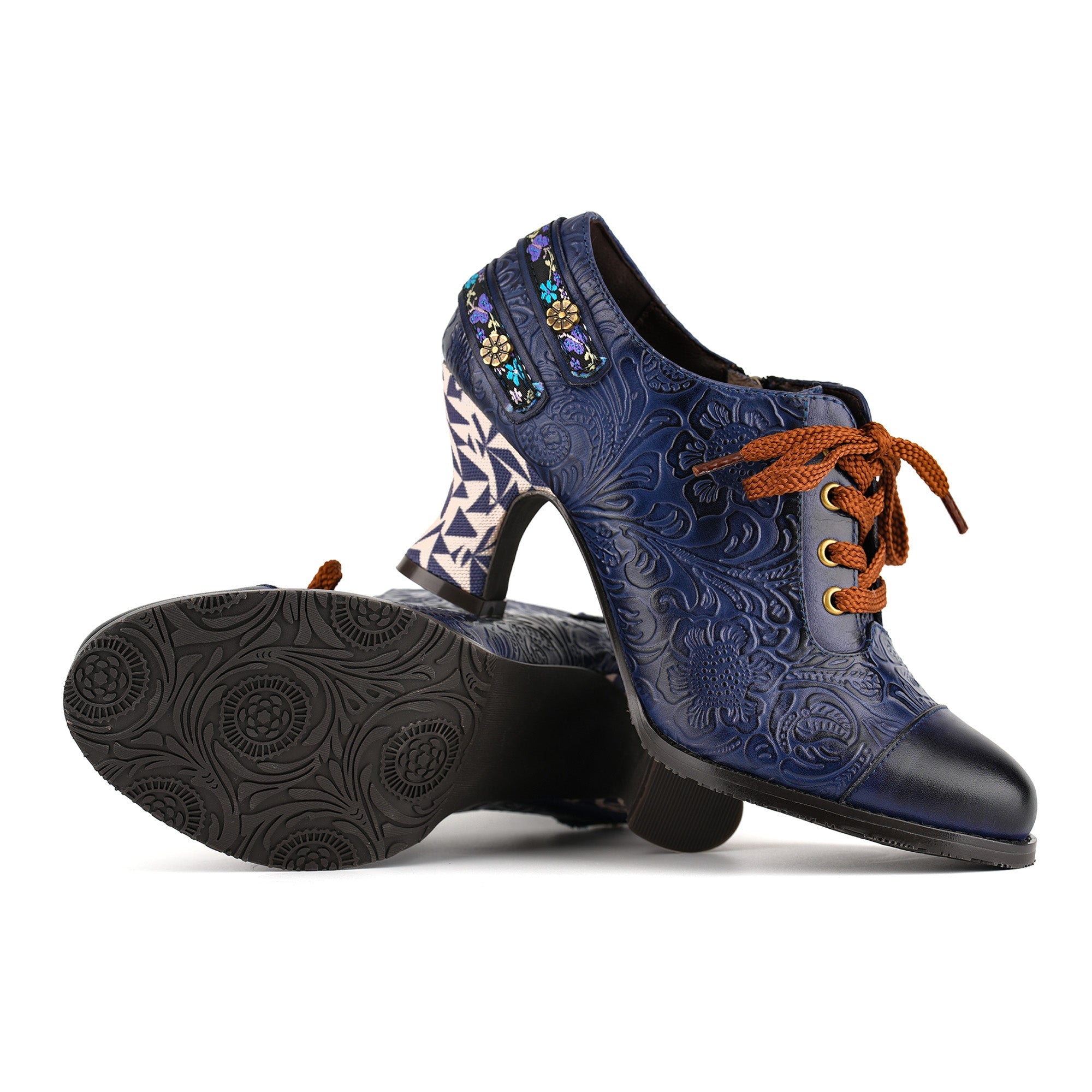 Nicolasa™ | Floral Embossed Lace-Up Heels