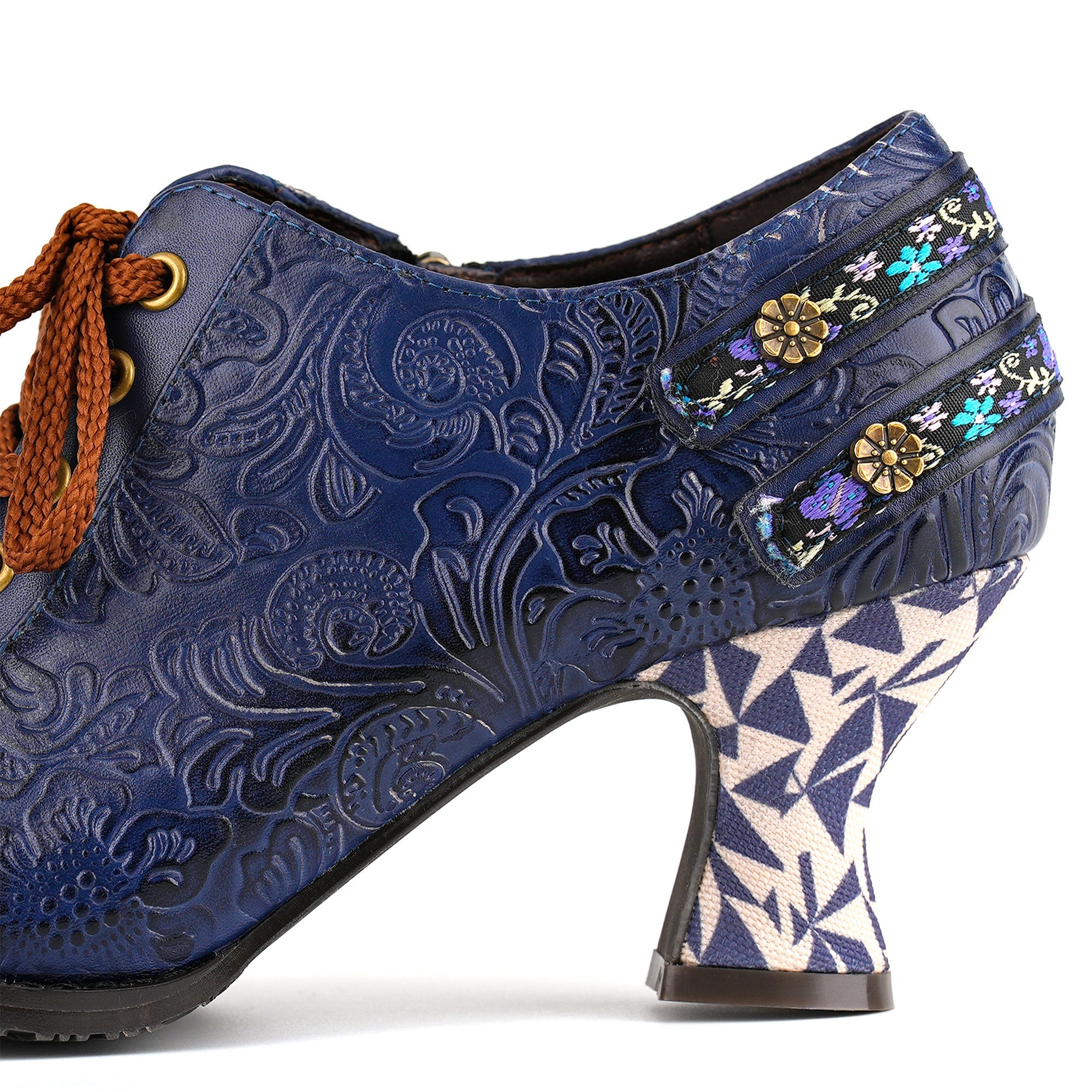 Nicolasa™ | Floral Embossed Lace-Up Heels