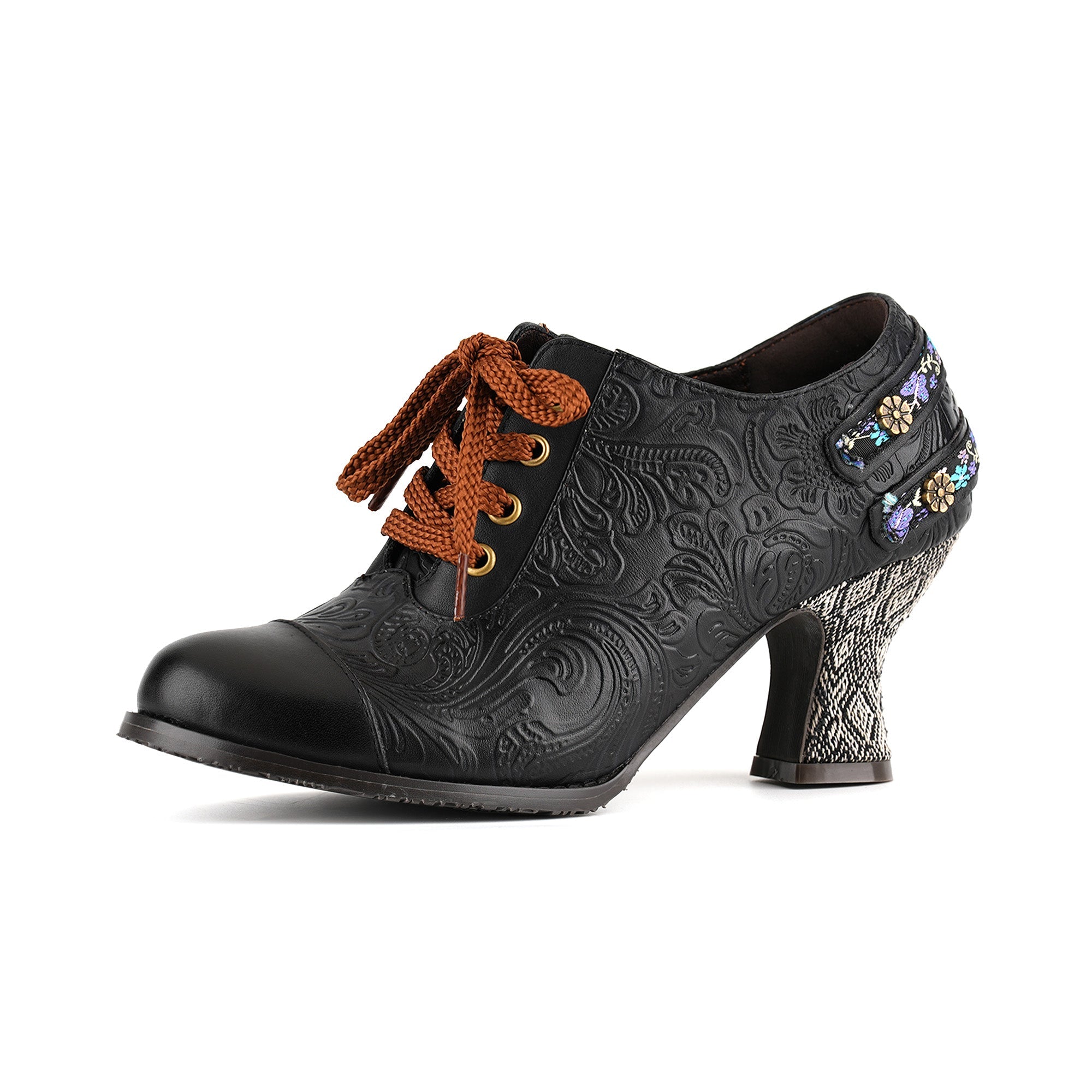 Nicolasa™ | Floral Embossed Lace-Up Heels