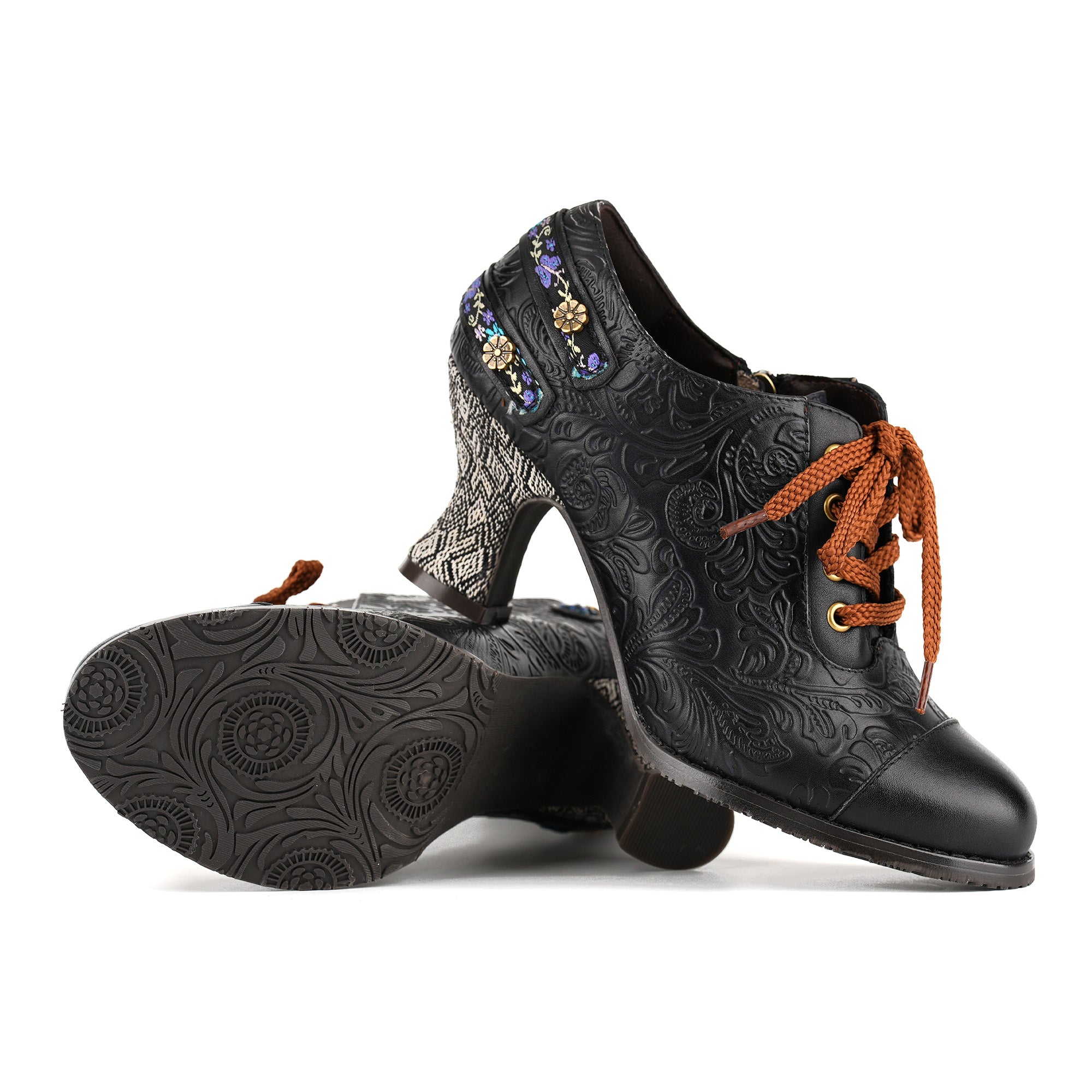 Nicolasa™ | Floral Embossed Lace-Up Heels