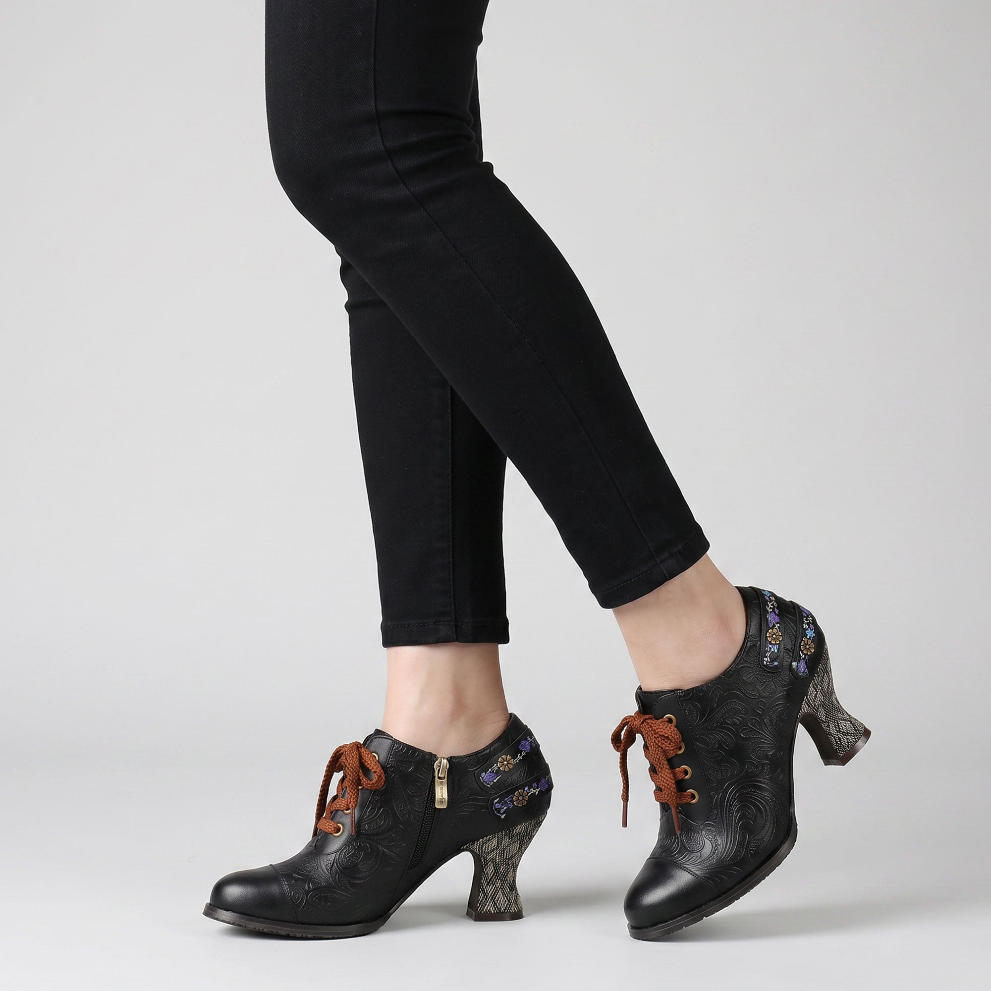 Nicolasa™ | Floral Embossed Lace-Up Heels