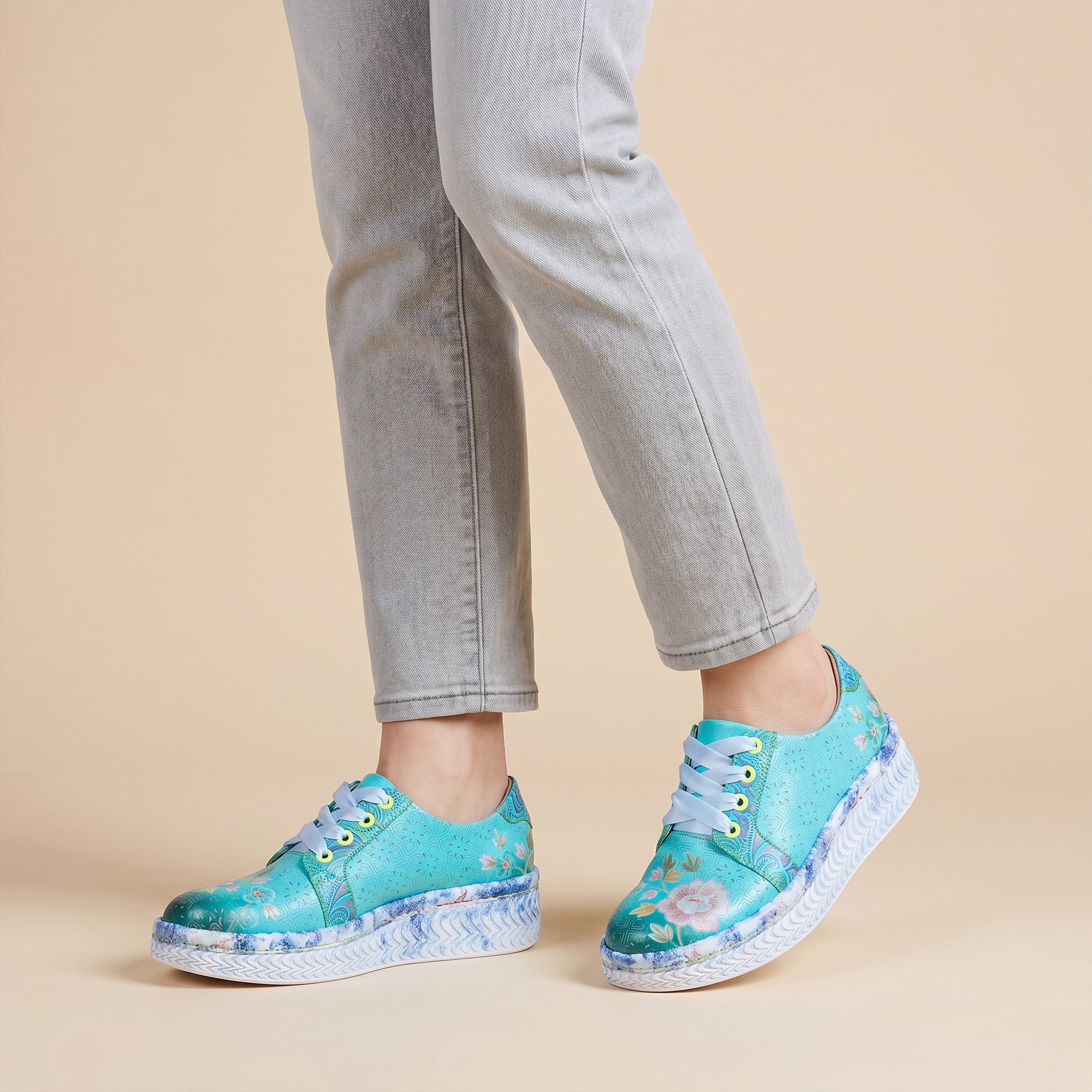 Azzurella™ | Floral Platform Lace-Up Sneakers