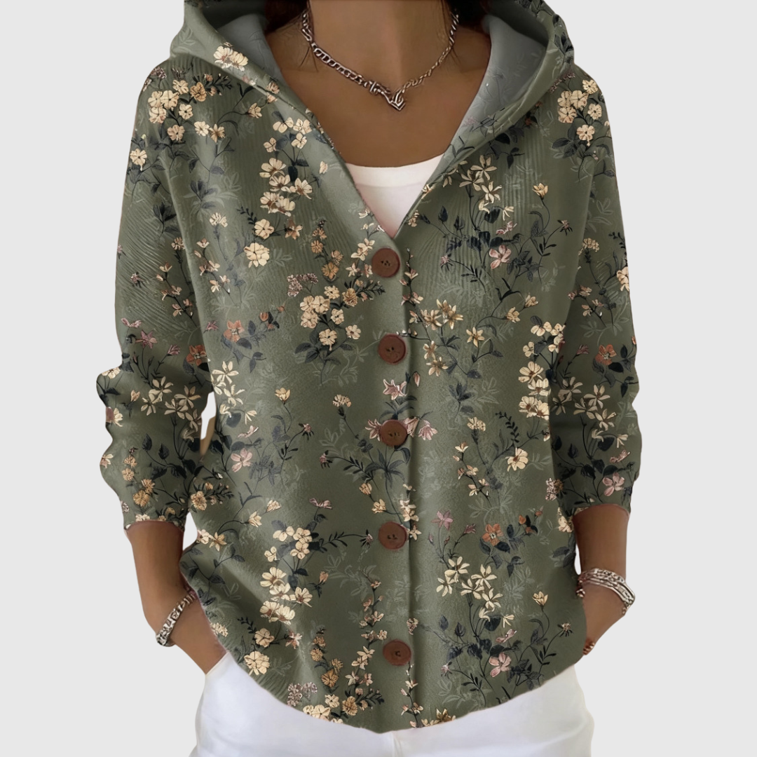 Leandra™ | Floral Button-Up Hooded Cardigan