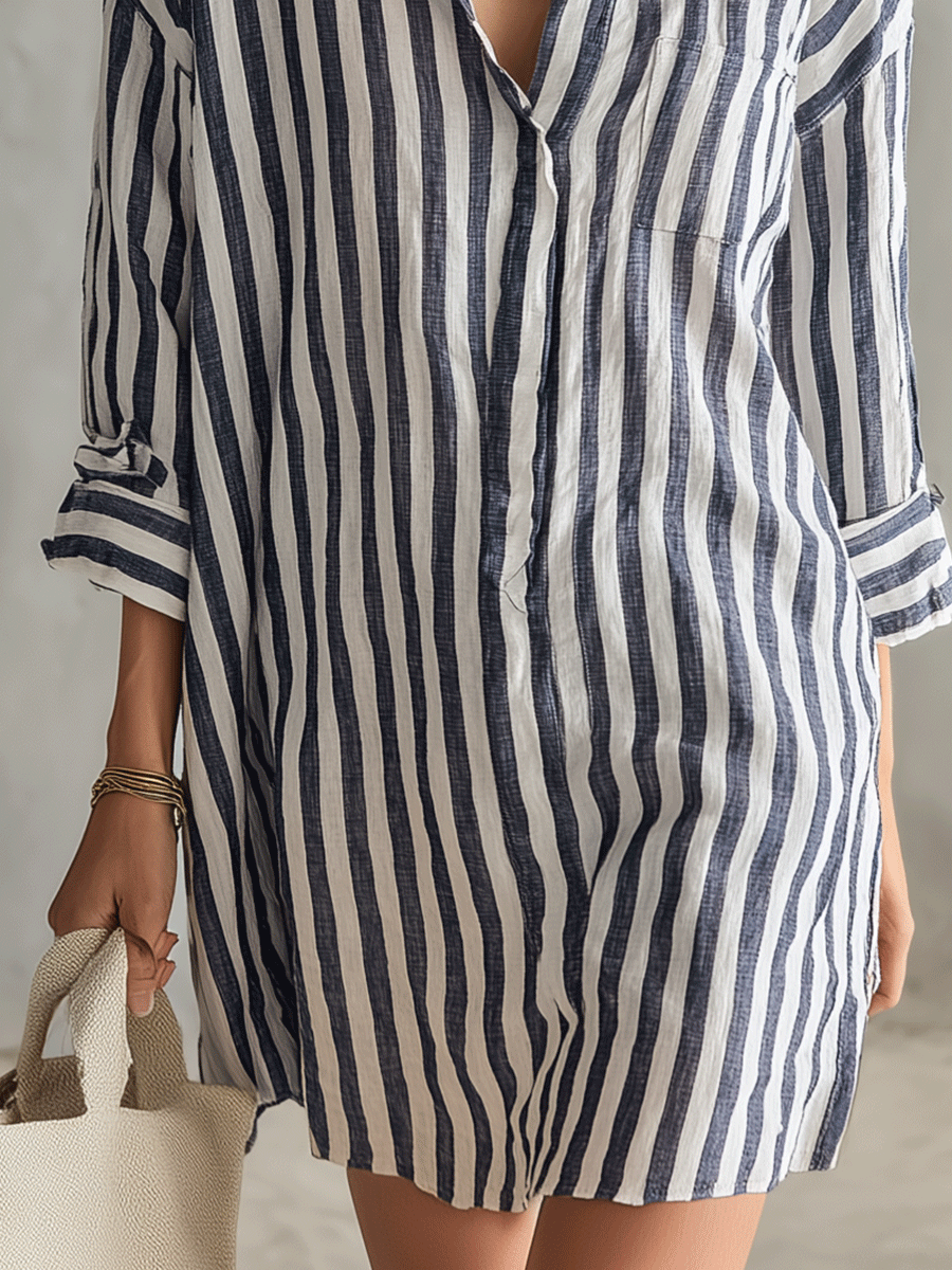 Clivaine™ | Relaxed Striped Oversized Blue & White Shirt Mini Dress