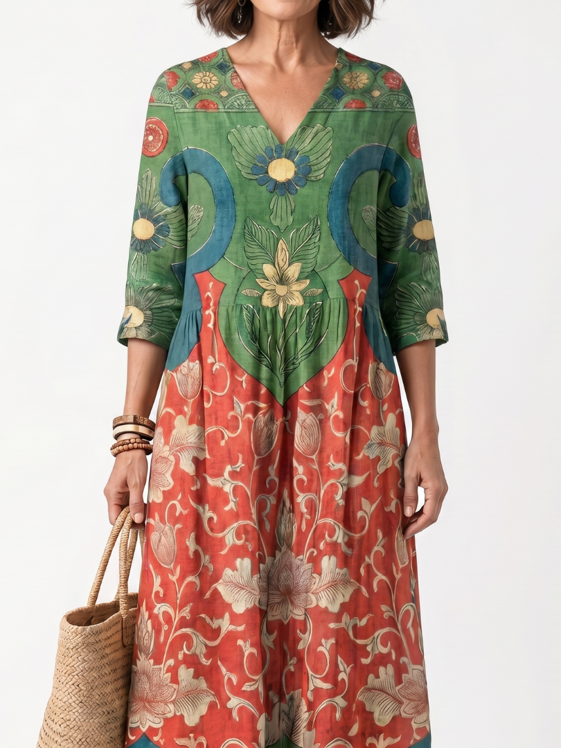 Carmela™ | Mixed Print V-Neck Pocket Midi Dress