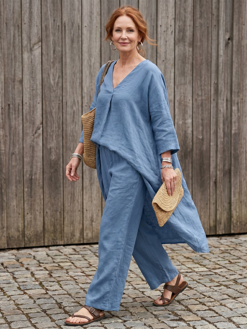 Vevaine™ | Loose Tunic Top & Wide Leg Pant Set