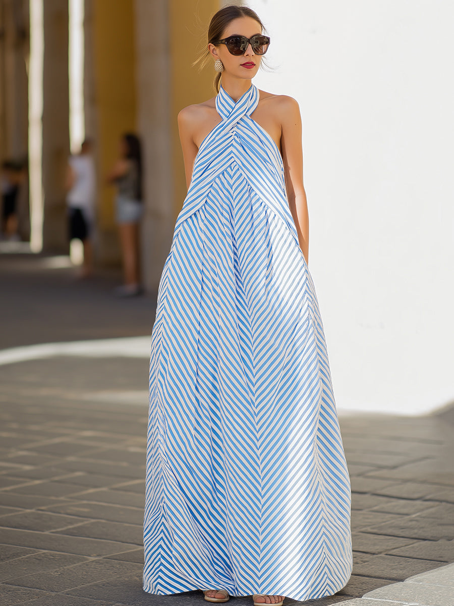 Beatrix™ | Striped Halter Maxi Dress with Open Back