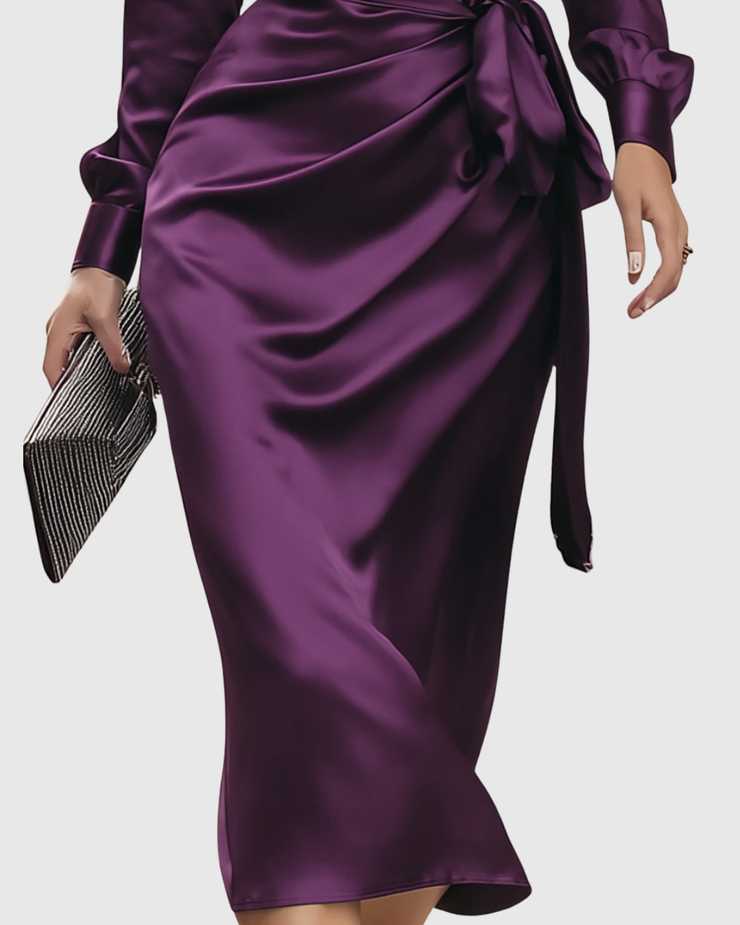Deep Plum Satin Wrap Midi Dress