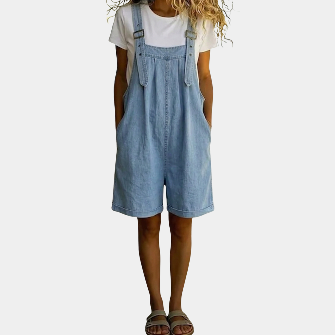 Michelle | Vintage Washed Soft Cotton Feel Denim Short Overall Light blue