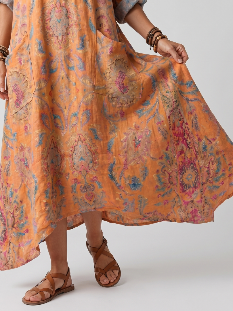 Lavaine™ | Notch Neck Printed Oversized Pocket Midi Dress