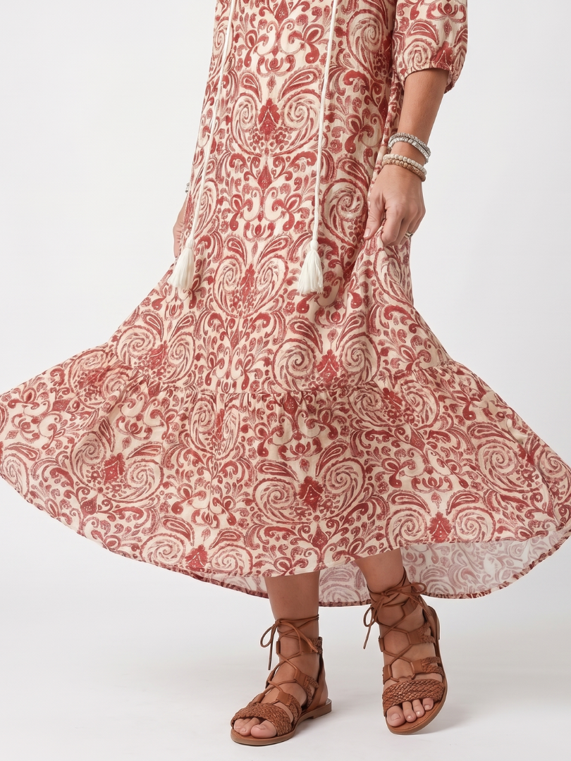 Nevara™ | Ornate Print Tassel Tie Midi Dress