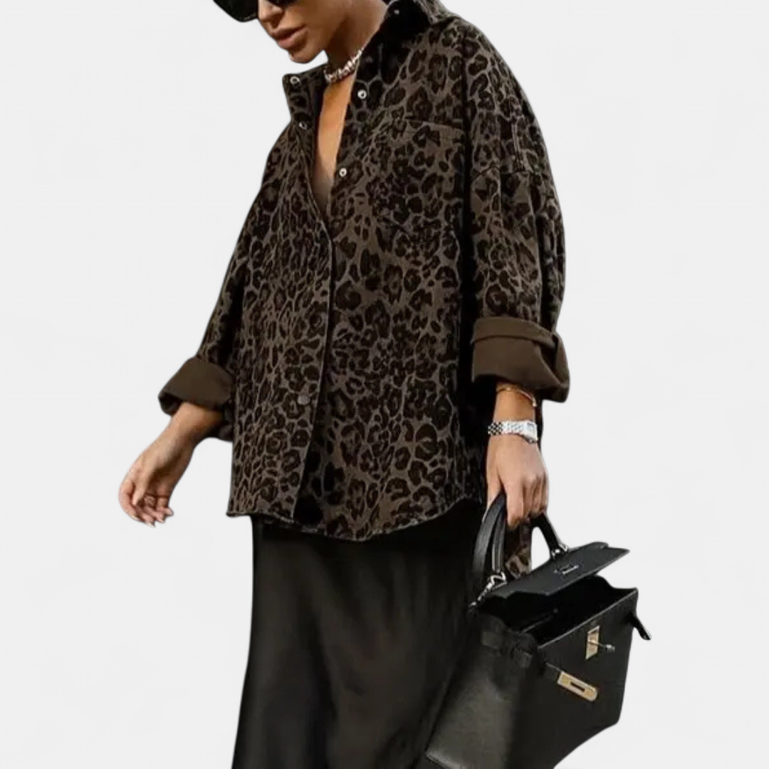 Anouk™ | Vintage Leopard Print Lapel Collar Long Sleeve Blouse