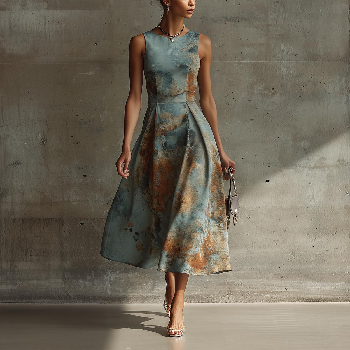 Genevieve™ | Elegant Abstract Print Sleeveless Midi Dress