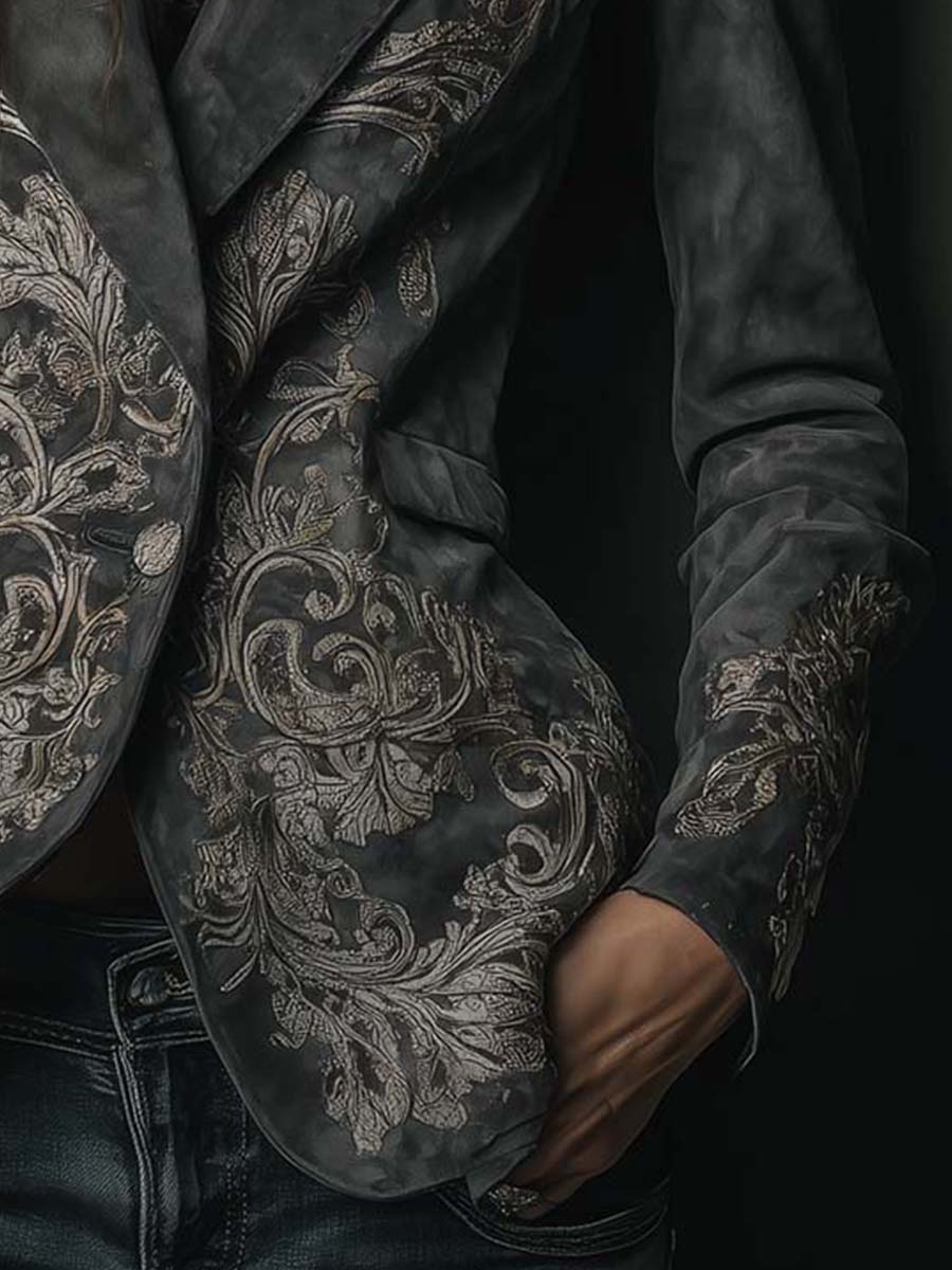 Paveline™ | Charcoal Taupe Embossed Floral Blazer
